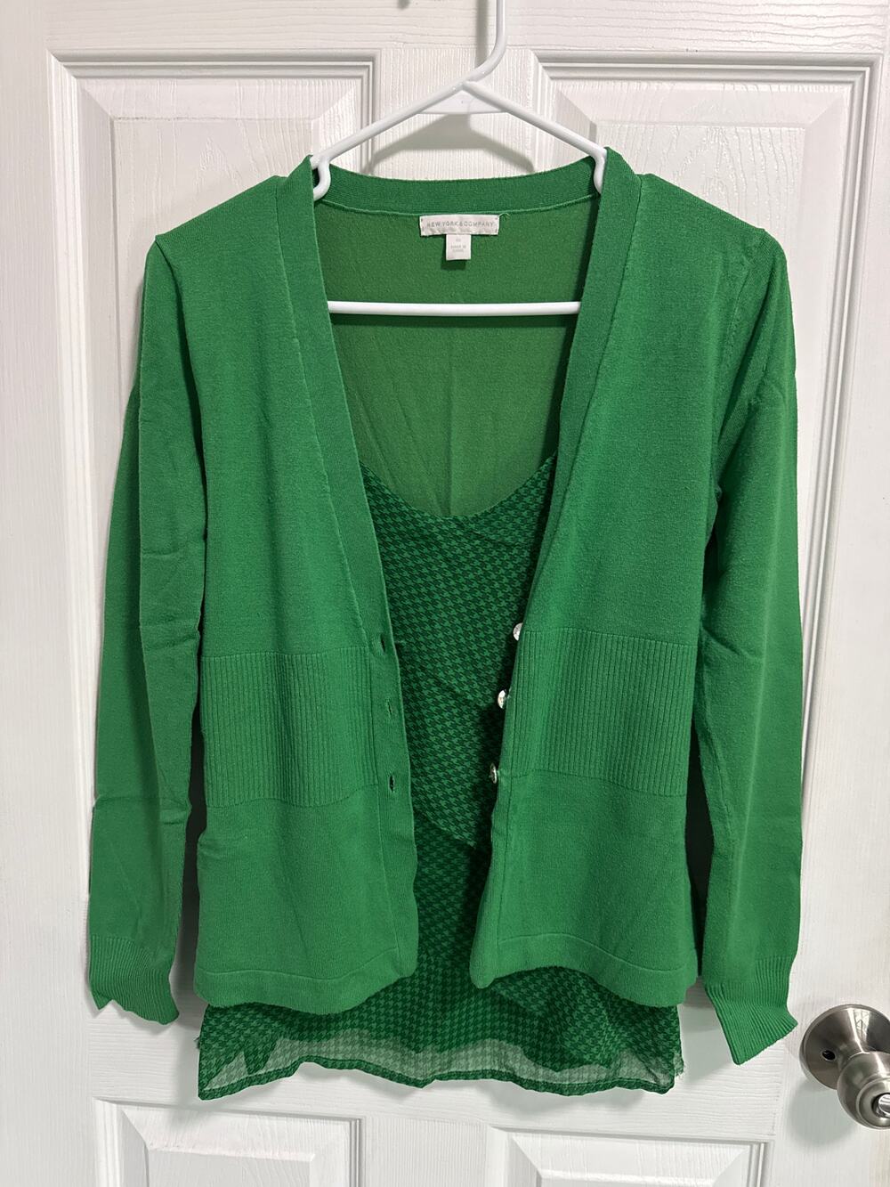 New York & Company Cardigan Tank Set XS Green Chiffon Tiered Twinset